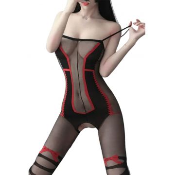 Lenjerie sexy dama - body tip salopeta intreaga - bretele subtiri si crapatura inghinala - model imitatie corset cu decolteu si sosete cu fundita - EFAYN