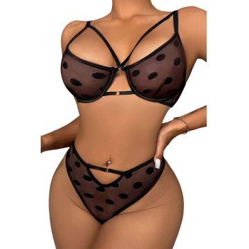 Lenjerie sexy dama - set 2 piese - sutien semitransparent cu detaliu chic la decolteu si chilot decupaj clasic croi ingust - model cu buline - EFAYN