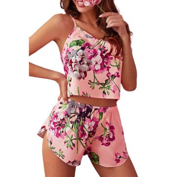 Lenjerie sexy dama - set 2 piese - top tip bluza scurta cu bretele reglabile si pantaloni scurti asortati - model floral summer dream - EFAYN