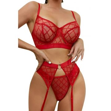 Lenjerie sexy dama - set 3 piese - sutien - portjartier si chilot tanga - model cu romburi - EFAYN