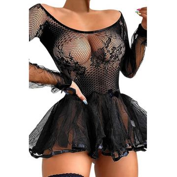 Lenjerie sexy dama - tip rochie scurta cu maneci lungi transparente si volum in partea de jos - model barbie girl - EFAYN