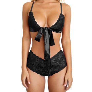 Set lenjerie sexy 2 piese - dantela - sutien si chilot talie inalta cu decupaj brazilian - EFAYN RO